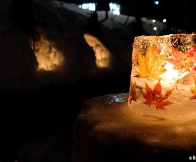 Otaru, Yuki Akari no Michi, Ice lantern incrusted in momiji leaves