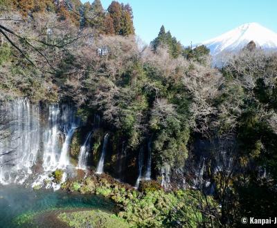 Shiraito Falls, Panorama from above with a view on Mount Fuji