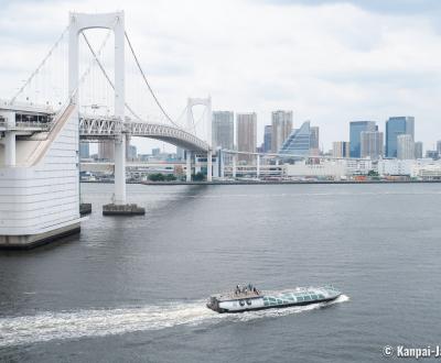 Rainbow Bridge (Tokyo), Viewed from Odaiba, with the Sumida River and cruising ship Hotaluna