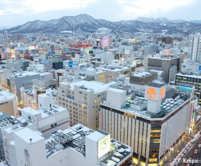 Sapporo TV Tower, Panoramic view on the city and Mount Moiwa in winter