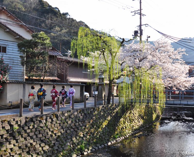 Japanese women wearing yukata in the streets of Kinosaki Onsen