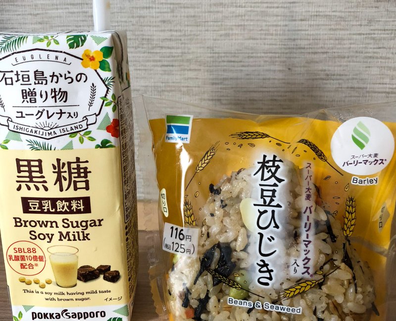 Soy milk and vegan onigiri from the konbini