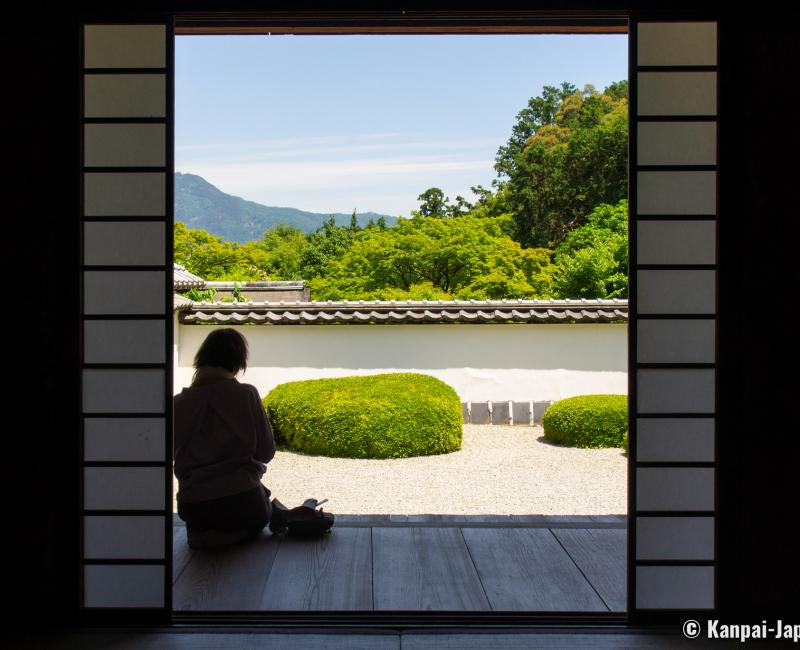 Shoden-ji (Kyoto), View on the dry garden and shakkei with Mount Hiei