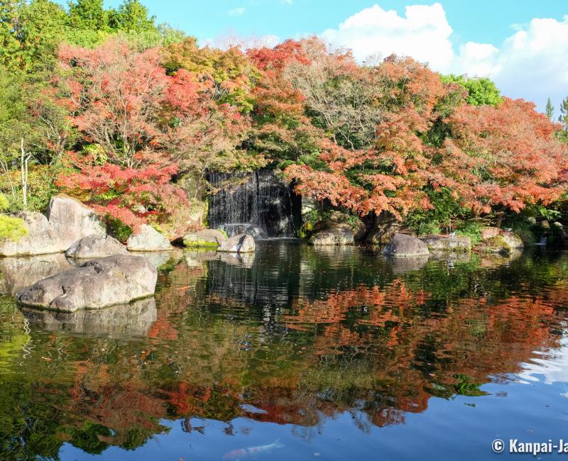 Koko-en, Waterfall and red maple trees in November in the lord's residence garden 2