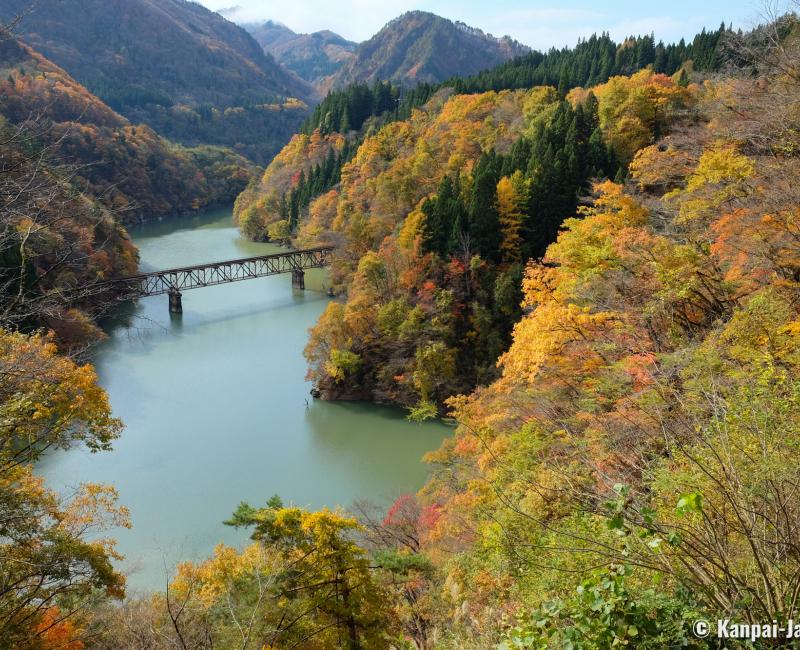 Oku Aizu, View on one of the railway bridges on Tadami River in autumn Oku Aizu, View on one of the railway bridges on Tadami River in autumn