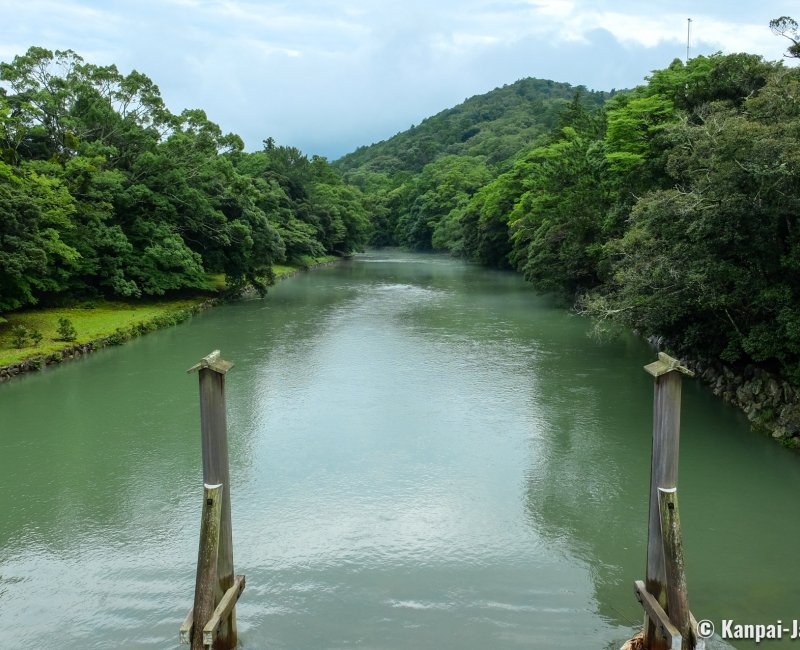 Ise Jingu, View on Isuzu-gawa River from Ujibashi bridge in connection with the couple Izanagi-Izanami Ise Jingu, View on Isuzu-gawa River from Ujibashi bridge in connection with the couple Izanagi-Izanami