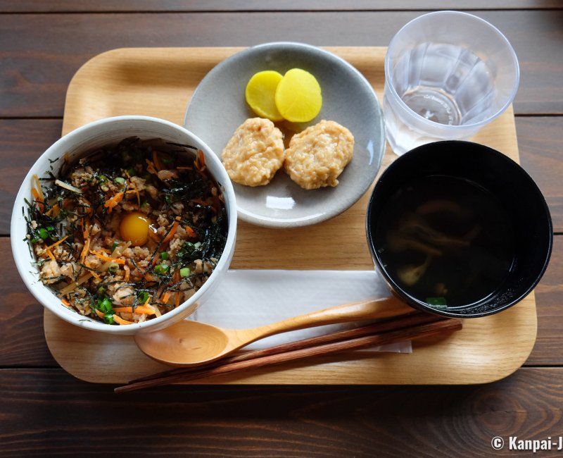 Geta-don Donburi set (Rice and minced sole fish with vegetables) served with a miso soup