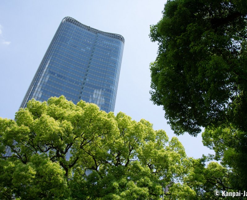 Hibiya Park (Tokyo), View on the large trees and skyscrapers Hibiya Park (Tokyo), View on the large trees and skyscrapers