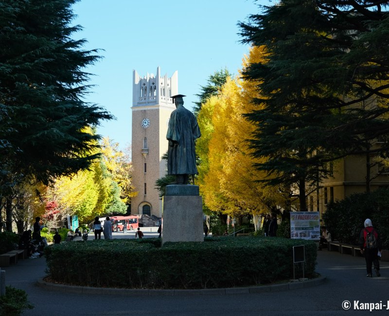 Waseda University (Tokyo), Statue of Shigenobu Okuma and gingko trees in autumn Waseda University (Tokyo), Statue of Shigenobu Okuma and gingko trees in autumn