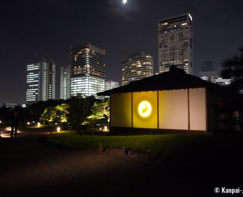Hamarikyu Tsukimi Sanpo (Tokyo), Golden moon rabbit light-up on Tsubame-no-Ochaya teahouse Hamarikyu Tsukimi Sanpo (Tokyo), Golden moon rabbit light-up on Tsubame-no-Ochaya teahouse