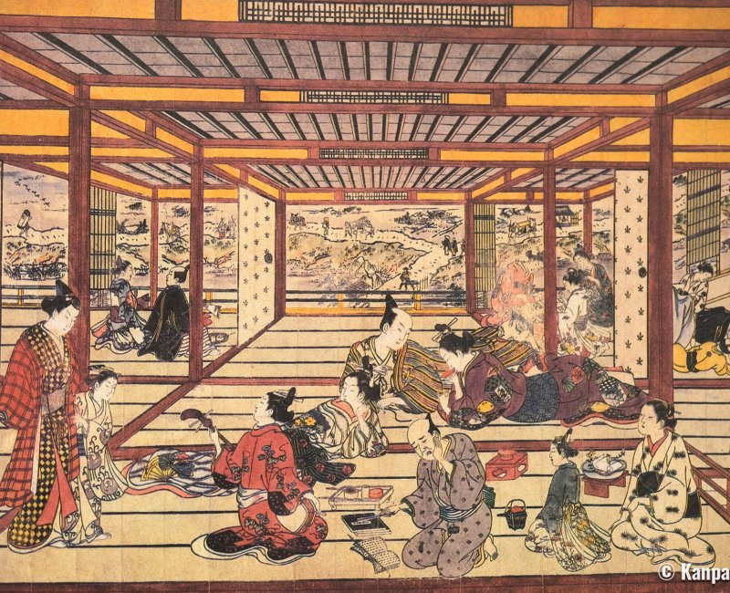 Kyoto, Happy scene of life in a tea house (by ukiyo-e artist Nishimura Shigenaga, 1745) Kyoto, Happy scene of life in a tea house (by ukiyo-e artist Nishimura Shigenaga, 1745)