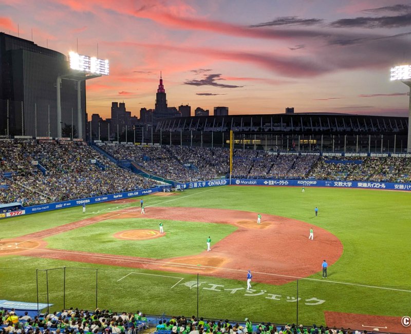 Meiji Jingu Stadium (Tokyo), Baseball match in the evening Meiji Jingu Stadium (Tokyo), Baseball match in the evening