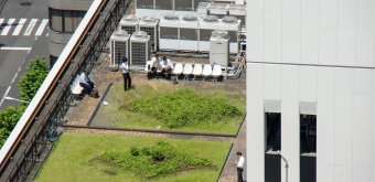 Salary-men taking a break on a rooftop in Tokyo
