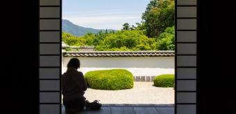 Shoden-ji (Kyoto), View on the dry garden and shakkei with Mount Hiei