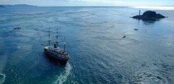 Naruto Whirlpools, View on a tourist ship and the little Tobishima island