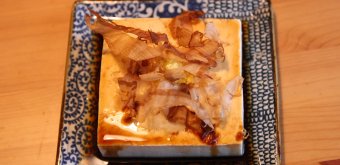 Hiyayakko cold tofu seasoned with ginger, soy sauce and katsuobushi bonito flakes