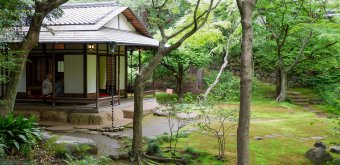 Kyu Furukawa Teien (Tokyo), View on the tea pavilion in the Japanese garden