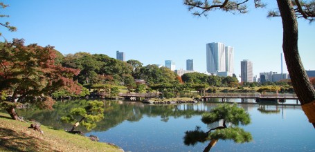 Hamarikyu Garden (Tokyo), Traditional Japanese garden and modern buildings in the background