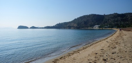 Naoshima Art Island, View on the beach and the Yellow Pumpkin
