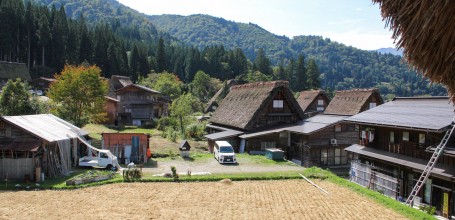 Shirakawa-go, View on a field and several thatched roof houses
