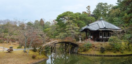 Kyoto, Onrindo Mausoleum and arched bridge at the Katsura Imperial Villa
