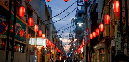 Koenji (Tokyo), Street decorated with Awa-Odori Festival lanterns