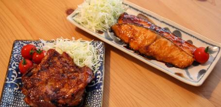 Teriyaki chicken and Teriyaki salmon