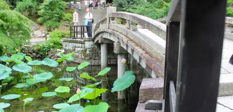 Chion-in temple in Kyoto, Lotus pond at the foot of Nokotsu-do