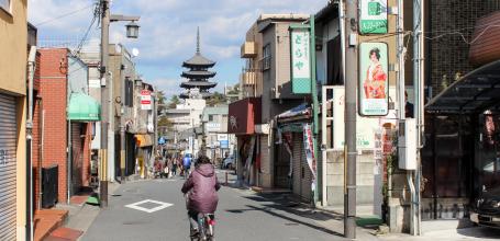 Naramachi District in Nara, Shopping street and view on the Kofuku-ji Pagoda