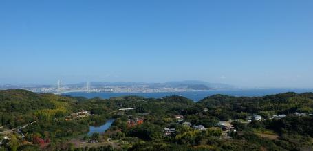 Awaji, View on Nijigen no Mori Park and Akashi Kaikyo-Ohashi bridge from the hotel Grand Chariot Hokutoshichisei 135°
