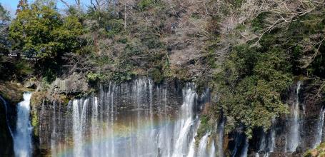 Shiraito Falls, View at the foot of the waterfall with a rainbow
