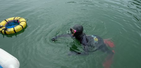 Mie prefecture, Ama free diver fishing off to Wagu port (Shima)