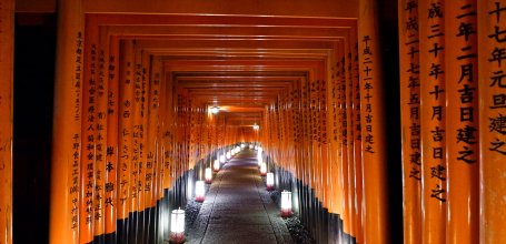 Fushimi Inari Taisha, Torii gate corridor lit up by lanterns at night 6