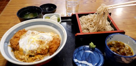 Menu with Zaru Soba (cold soba noodles) and Katsudon pork cutlet rice bowl in Kamakura