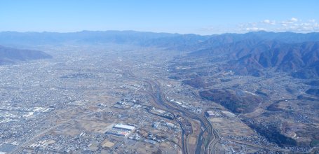 Mount Fuji Helicopter Tour, Aerial view on Kamanashi River and its urban area