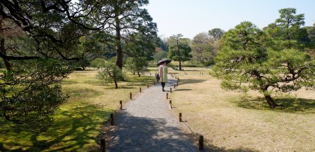 Rikugi-en (Tokyo), Walking path lined with pine trees in early spring