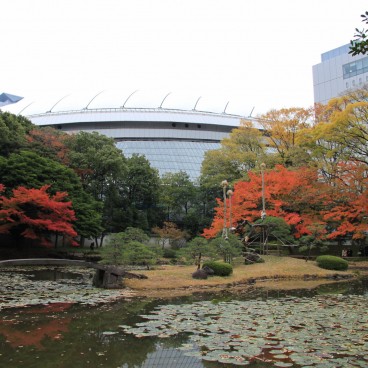 Koishikawa Korakuen (Tokyo) in autumn and view on Tokyo Dome