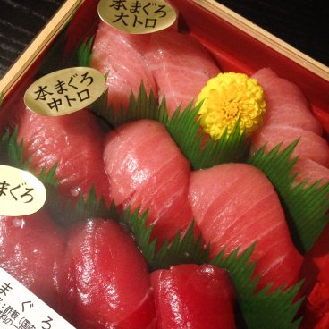 Tuna sushi bento box with a chrysanthemum flower