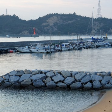 Naoshima Art Island, View on Miyanoura Port and Yayoi Kusama's Red Pumpkin