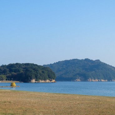 Naoshima Art Island, View on the beach and the Yellow Pumpkin 2