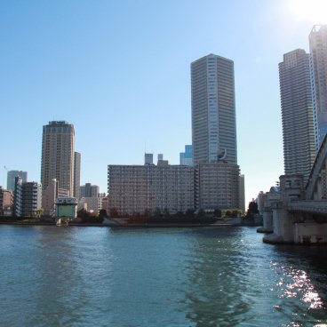 Tsukishima, View on Kachidoki bridge and the island's residential buildings