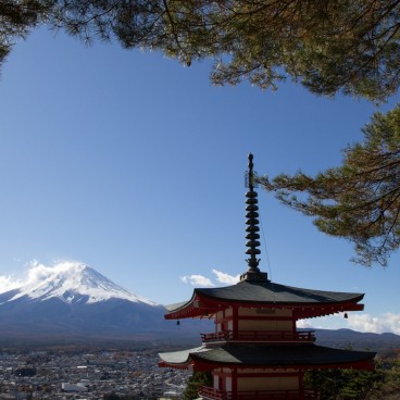 Arakurayama Sengen Shrine, View on Mount Fuji and the tip of Chureito Pagoda on the right