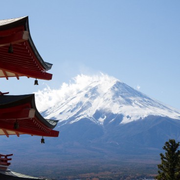 Arakurayama Sengen Shrine, View on Mount Fuji with Chureito Pagoda on the left