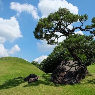 Suizen-ji Joju-en garden in Kumamoto, artificial hills and pine trees