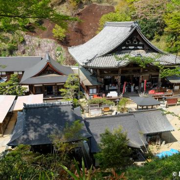 Oka-dera (Asuka), View on the temple's pavilions in spring