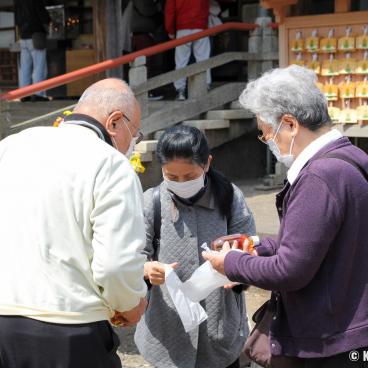 Hana Matsuri in Araibakushi Baisho-in temple (Tokyo), Worshippers receiving ama-cha during Coronavirus pandemic 2