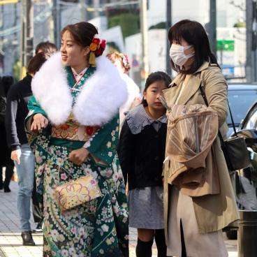 Young Japanese women wearing furisode long-sleeve winter kimono for Seijin no Hi ceremony in January in Osaka 2