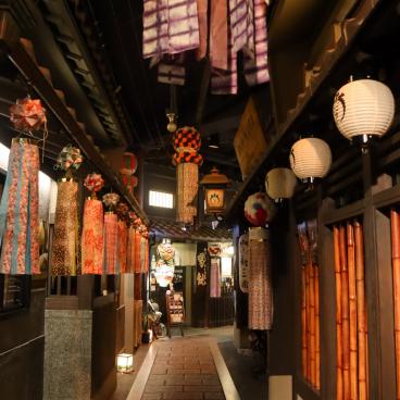 Fukinagashi decorations in the reconstitution of a traditional street at Umeda Sky Building's BF1 in Osaka for Tanabata Matsuri