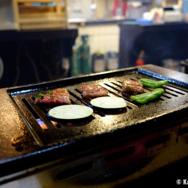 Okinawa Cuisine, Wagyu beef and vegetables on a grill