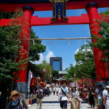 Tomioka Hachiman-gu, Torii gate at the entrance during Fukagawa Hachiman Matsuri in mid-August
